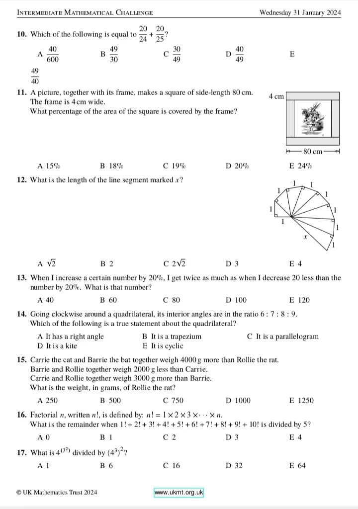 2024年英国中级数学挑战赛真题和答案
